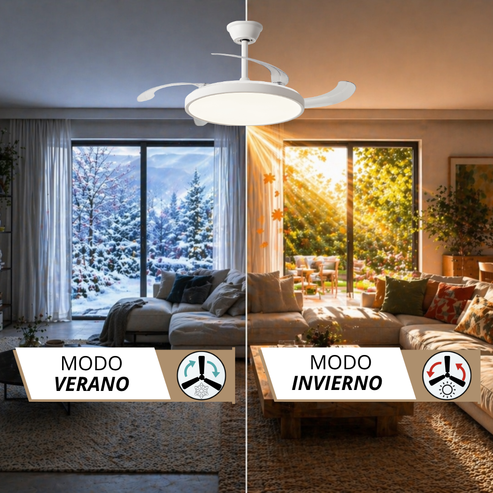 Sala de estar en modo verano e invierno con ventilador de techo y luz.
