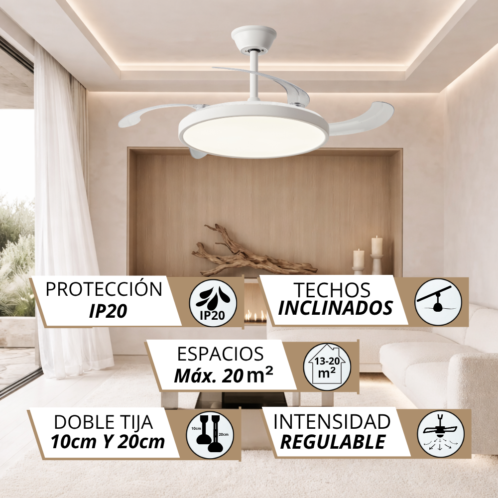 Ventilador de techo moderno con luz, para estancias de hasta 20 m², IP20.