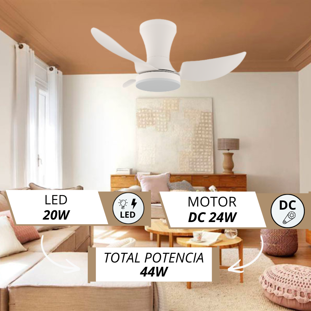 Un ventilador de techo blanco con luz LED sobre una sala de estar.