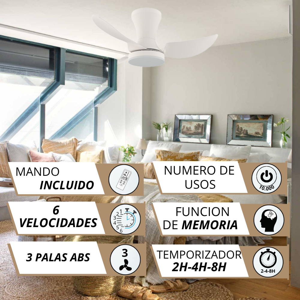 Ventilador de techo con mando, 6 velocidades, 3 palas ABS, temporizador.