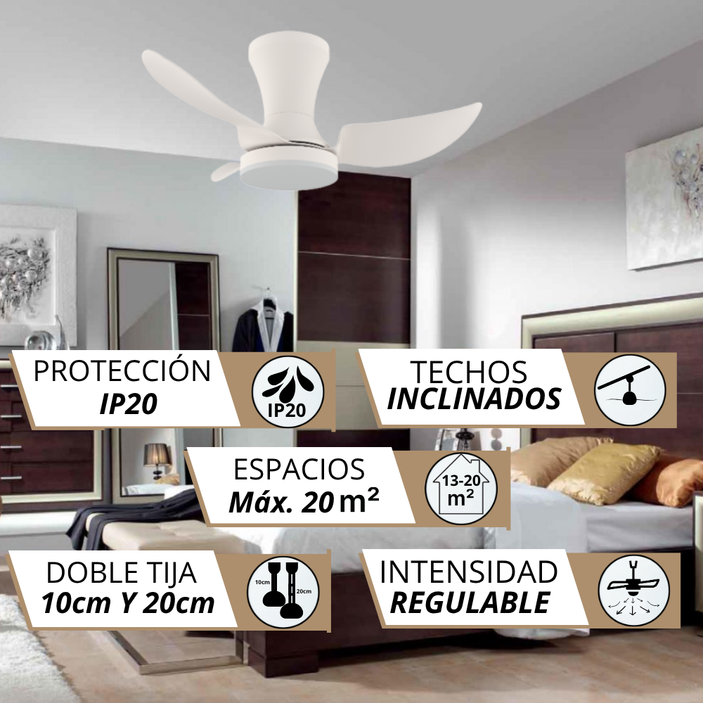 Ventilador de techo blanco moderno con luz en dormitorio, con marcas de protecci0n.