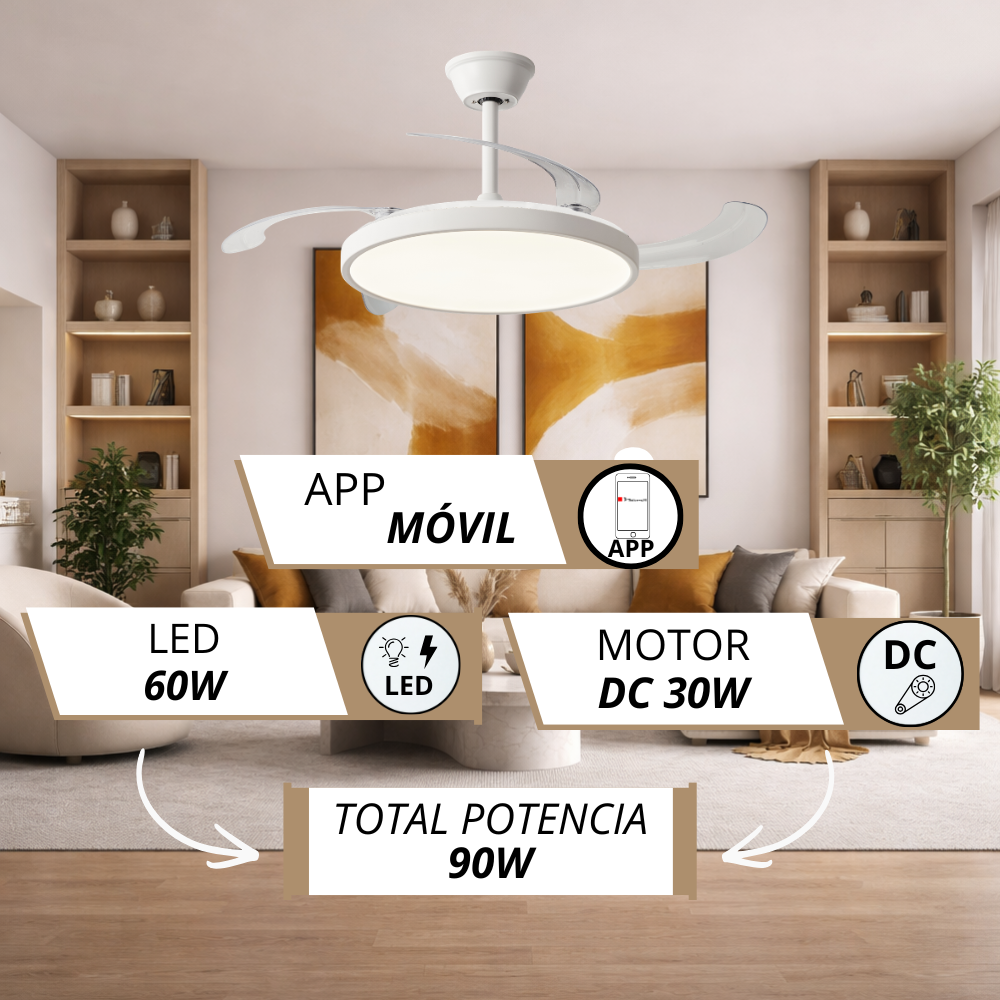 Ventilador de techo moderno con luz LED, 60W LED, motor DC 30W, potencia total 90W, control app.