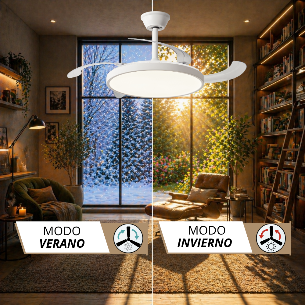 Un ventilador de techo blanco con luz sobre una ventana que muestra escenas de invierno y verano.