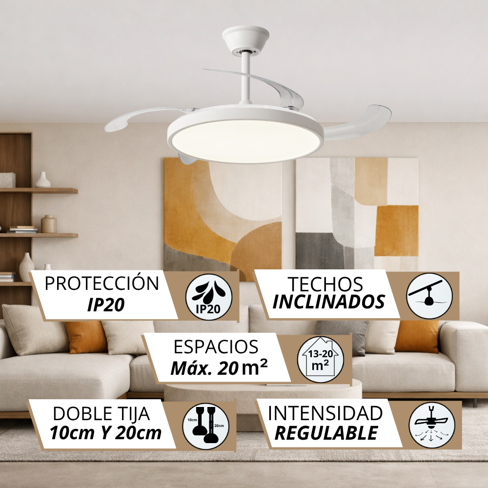 Una lámpara de ventilador de techo blanca con luz LED en una sala.