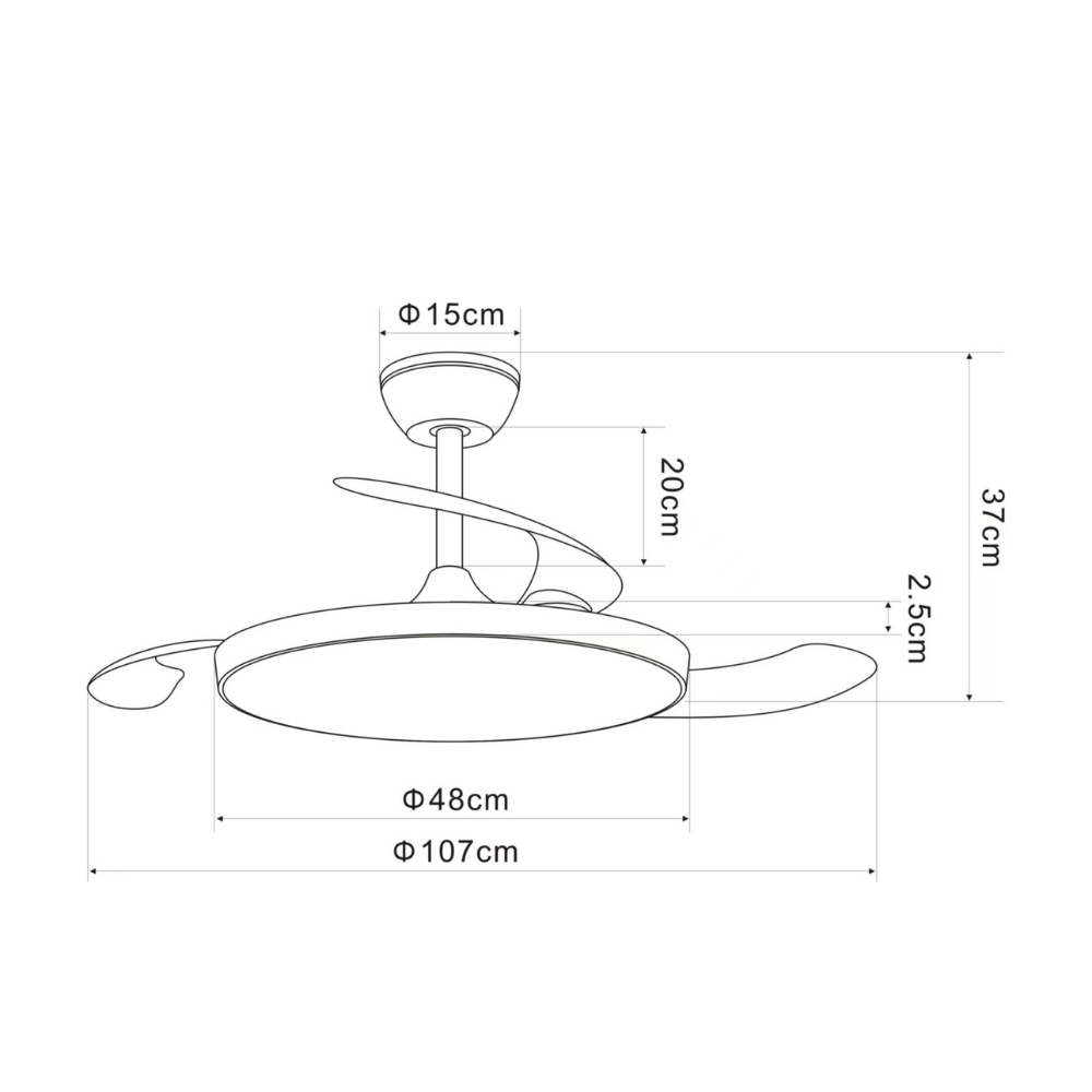 Dibujo técnico de un ventilador de techo con dimensiones.