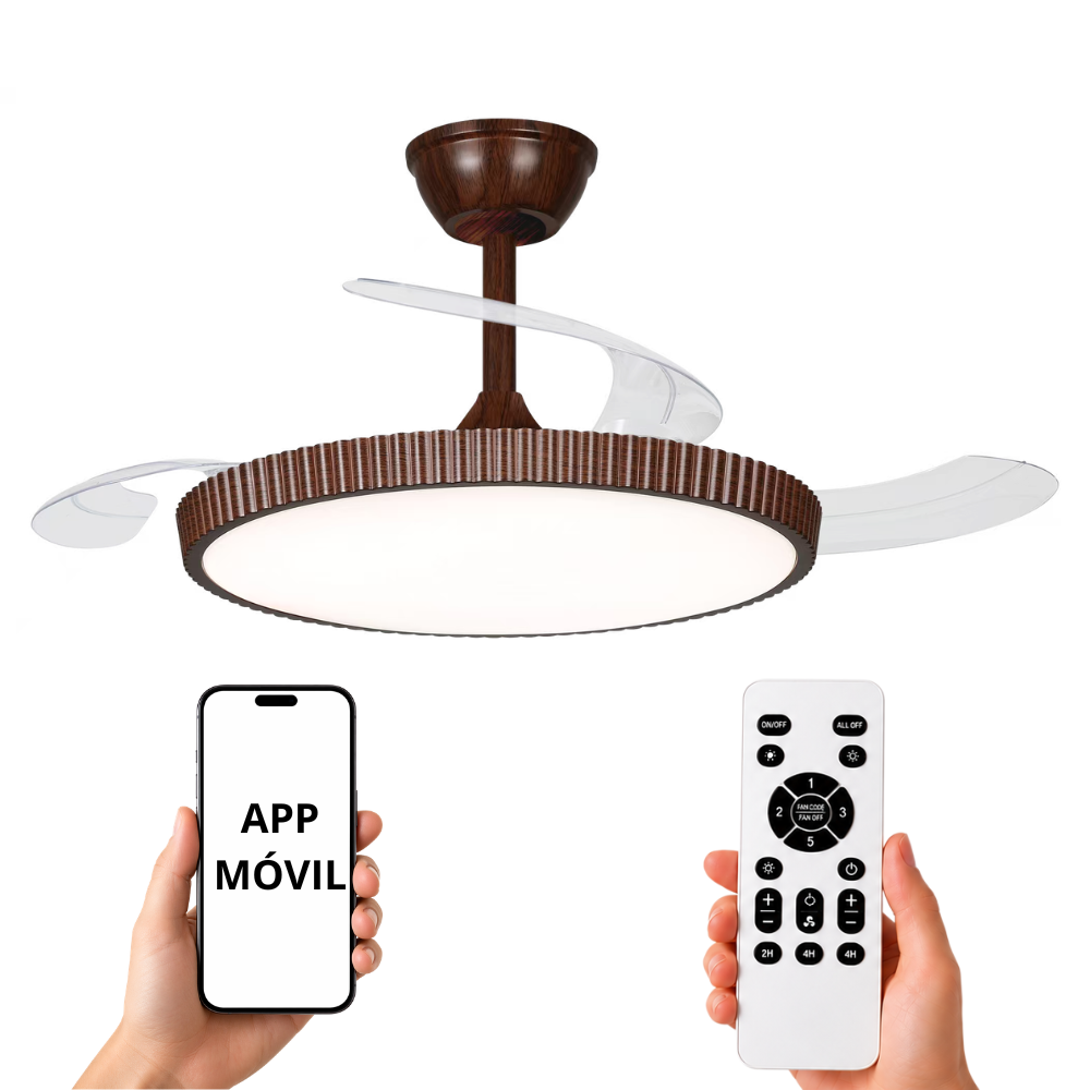 Una lámpara de ventilador de techo con mando a distancia y smartphone.