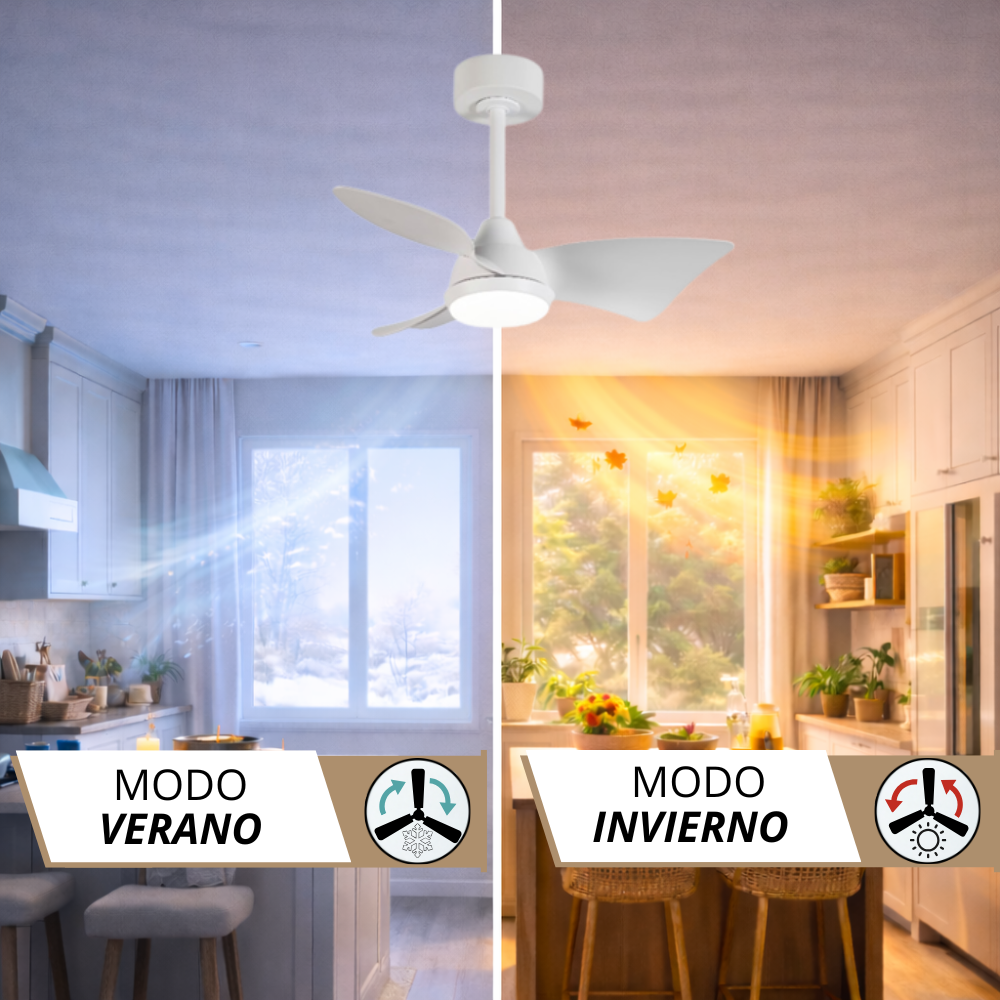 Ventilador de techo en modo verano e invierno con vista a cocina.