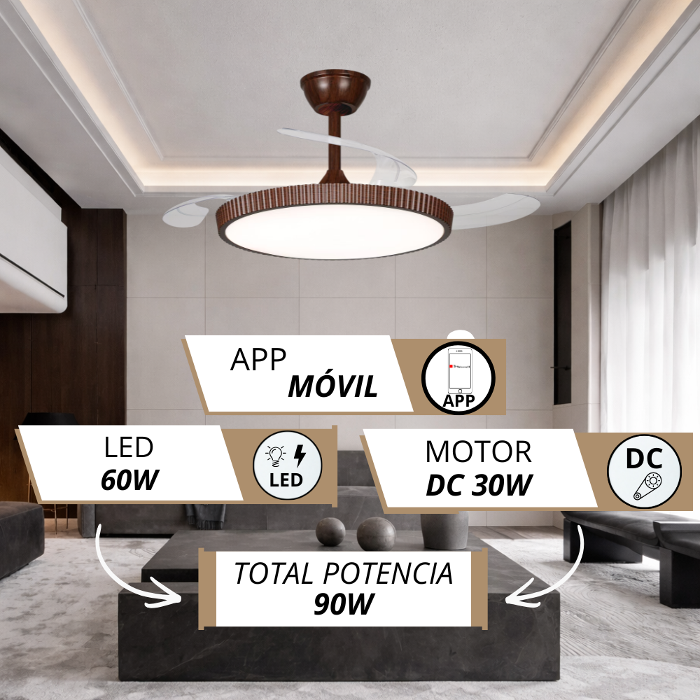 Ventilador de techo moderno con luz LED y control por app. LED 60W, motor DC 30W.