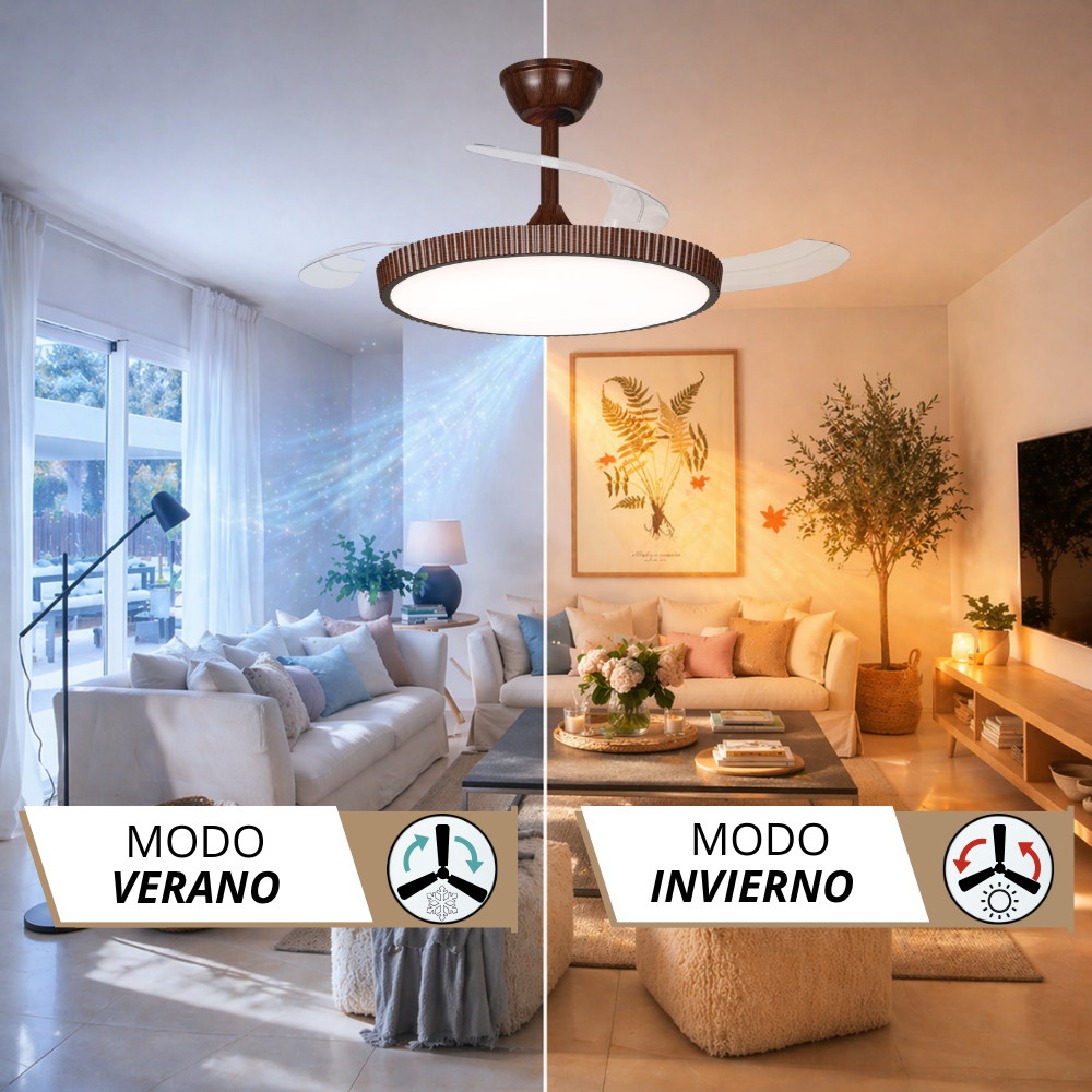 Ventilador de techo con luz en salones para modos verano e invierno.