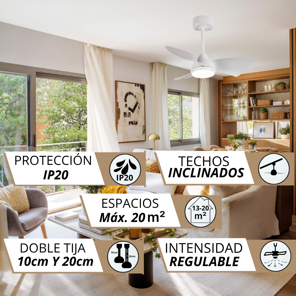 Un ventilador de techo blanco con luz en una sala de estar.