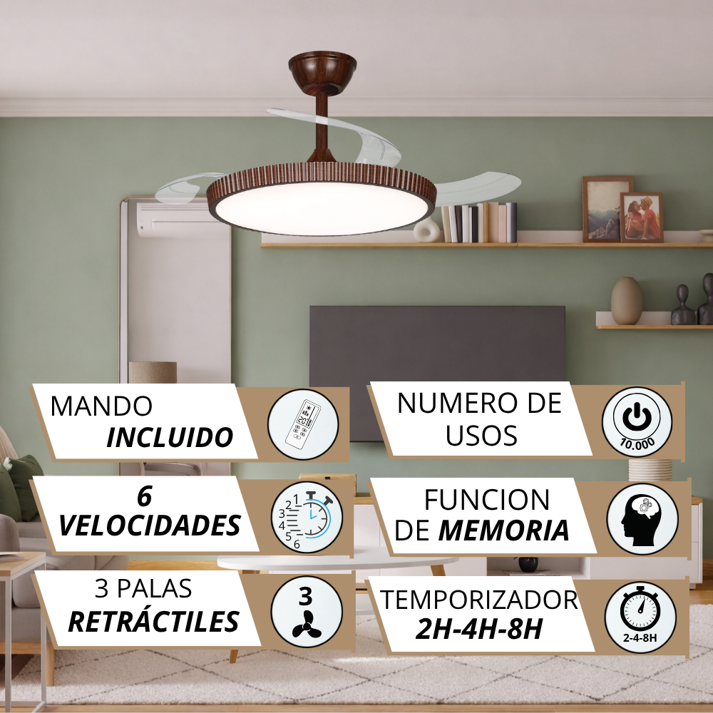 Ventilador de techo con luz, mando, 6 velocidades, 3 aspas retráctiles.