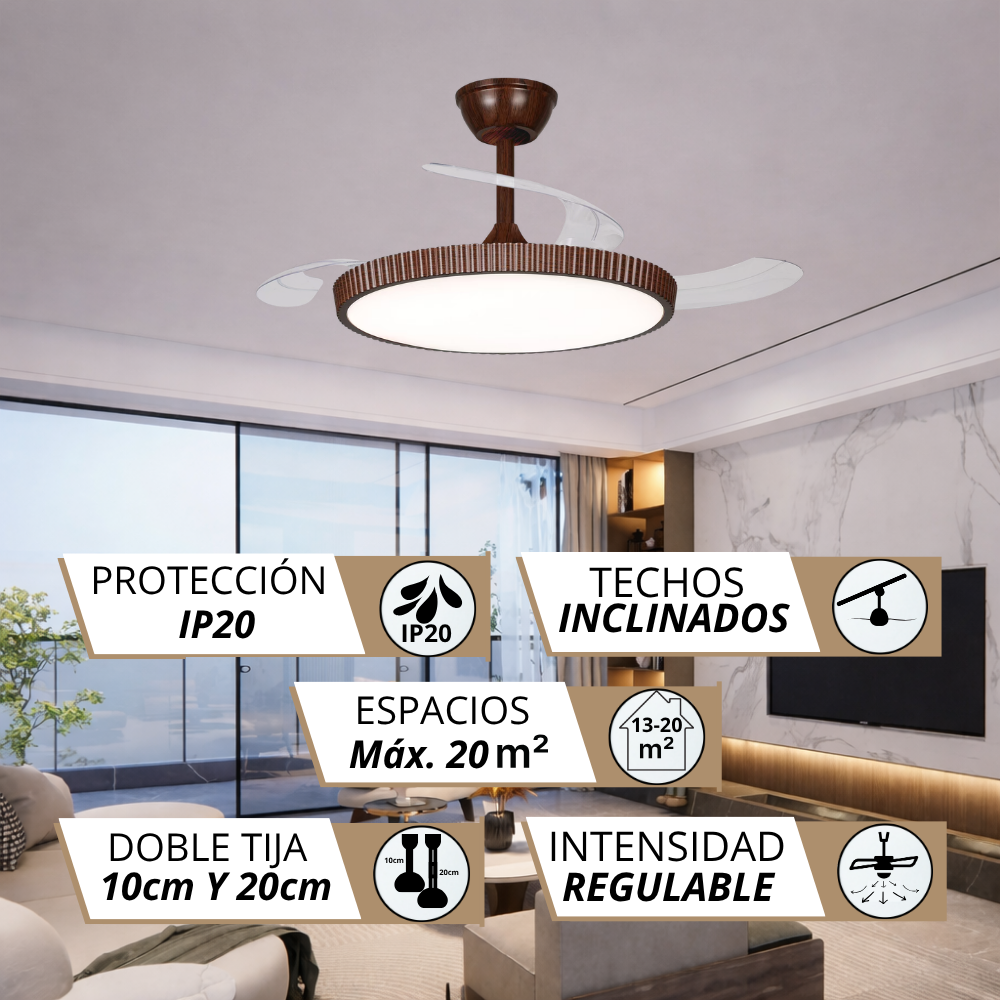 Ventilador de techo con luz LED, IP20, para hasta 20 m², para techos inclinados.