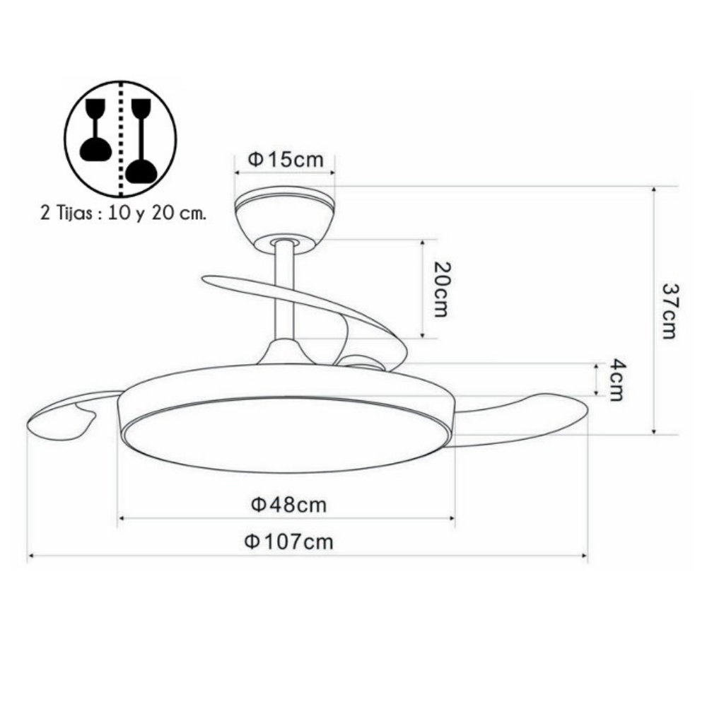 Dibujo técnico de ventilador de techo con medidas: 15cm, 20cm, 4cm, 37cm, 48cm, 107cm.