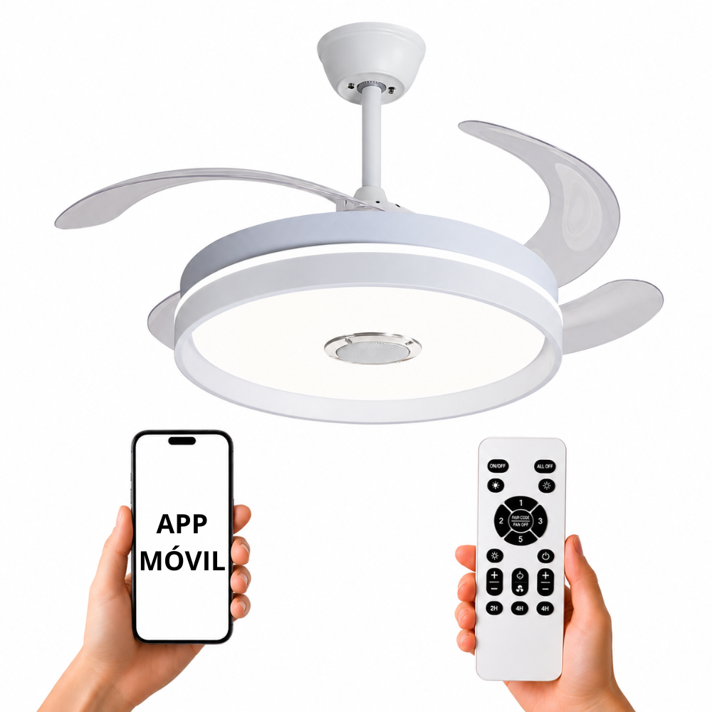 Ventilador de techo moderno blanco con luz, mando a distancia y móvil con app.