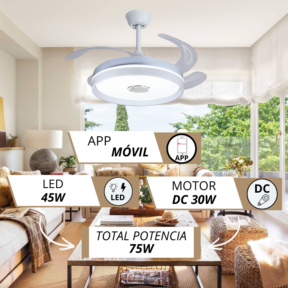 Ventilador de techo moderno con luz LED y control por APP. LED 45W, motor DC 30W.