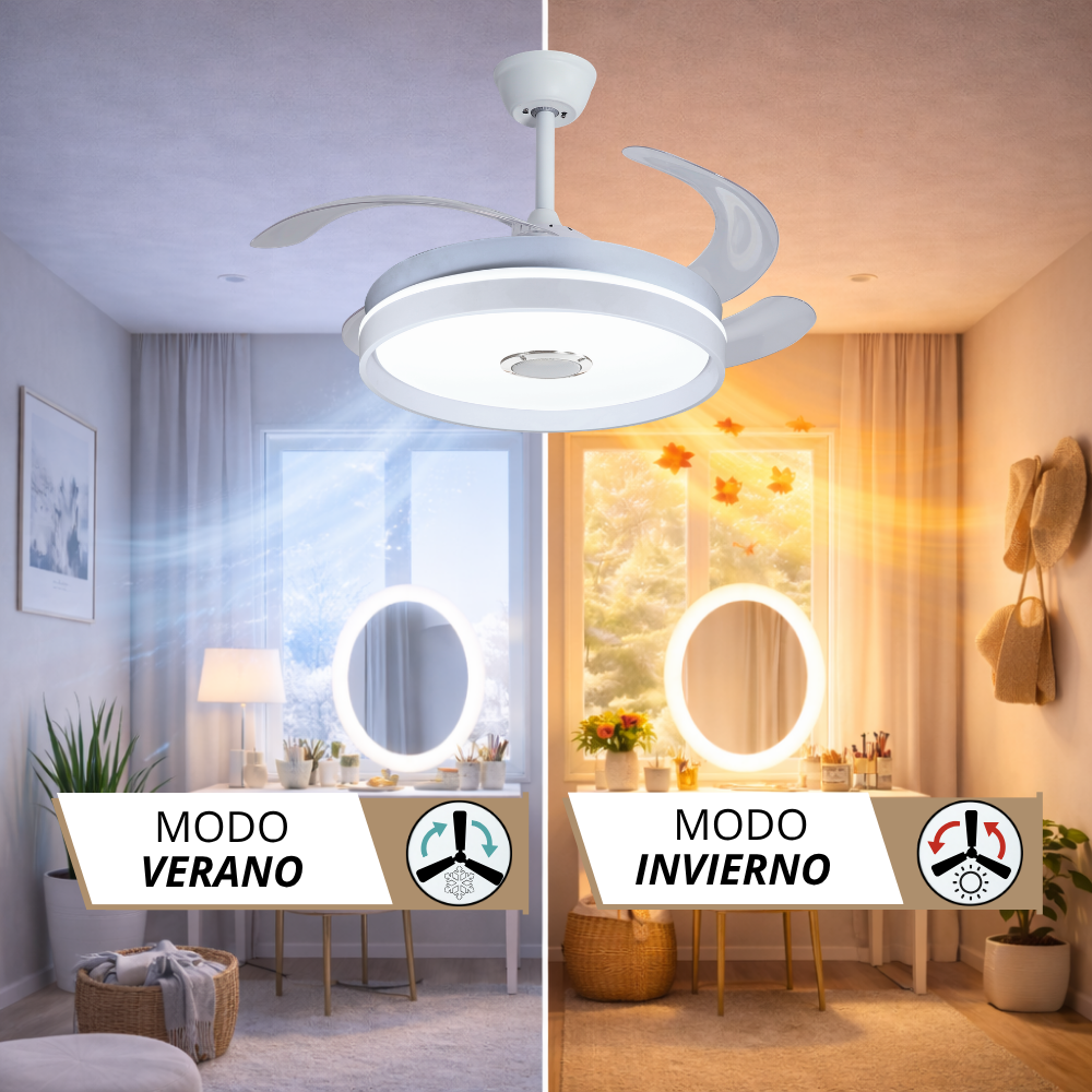 Ventilador de techo con luz, mostrando modo verano (aire frío) y modo invierno (aire cálido).