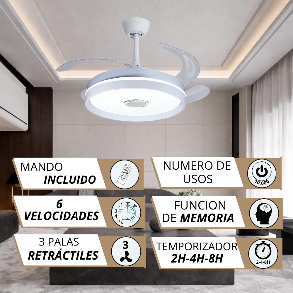 Un ventilador de techo moderno con luz y mando, 6 velocidades, 3 aspas retráctiles.
