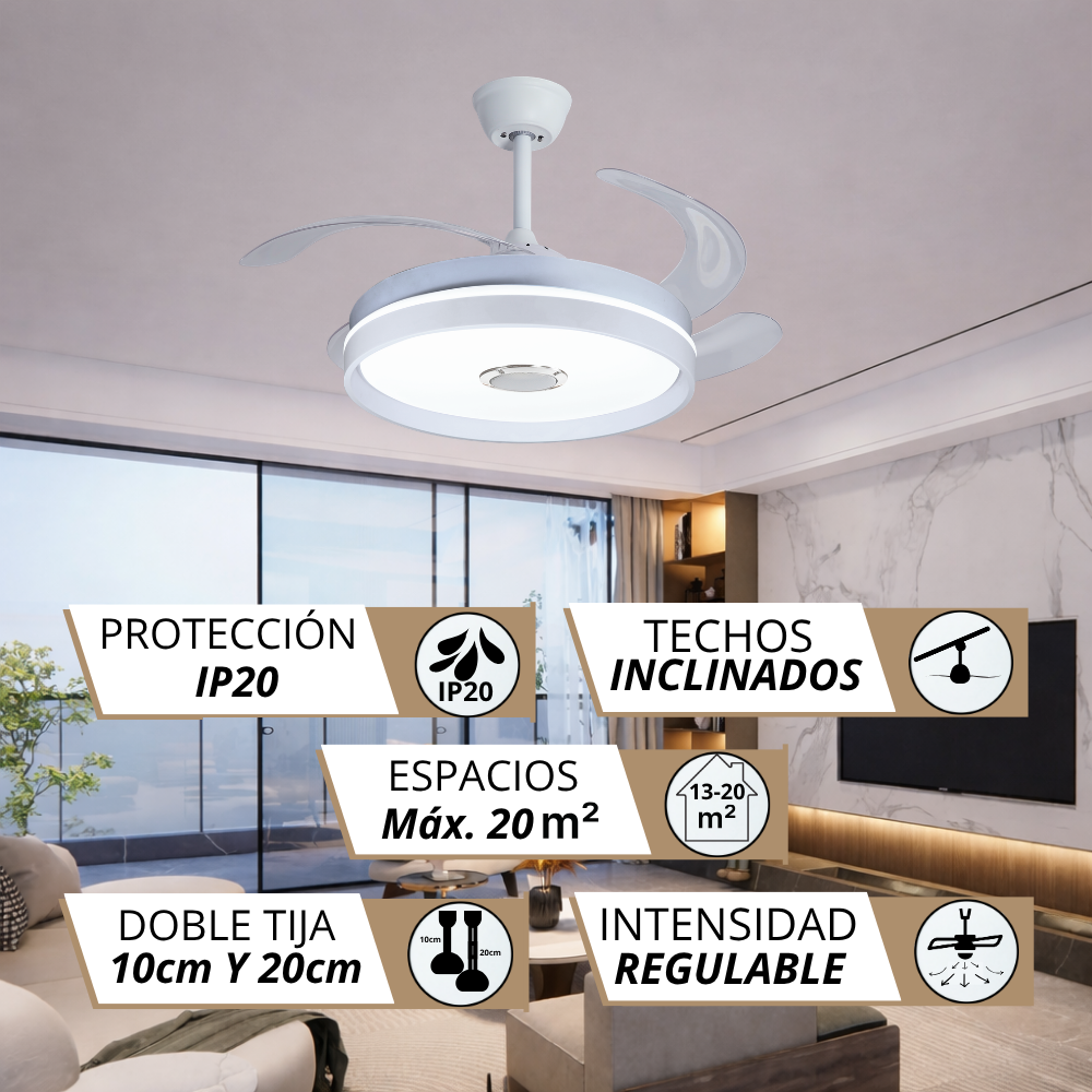 Ventilador de techo blanco con luz, IP20, para techos inclinados, 20m².