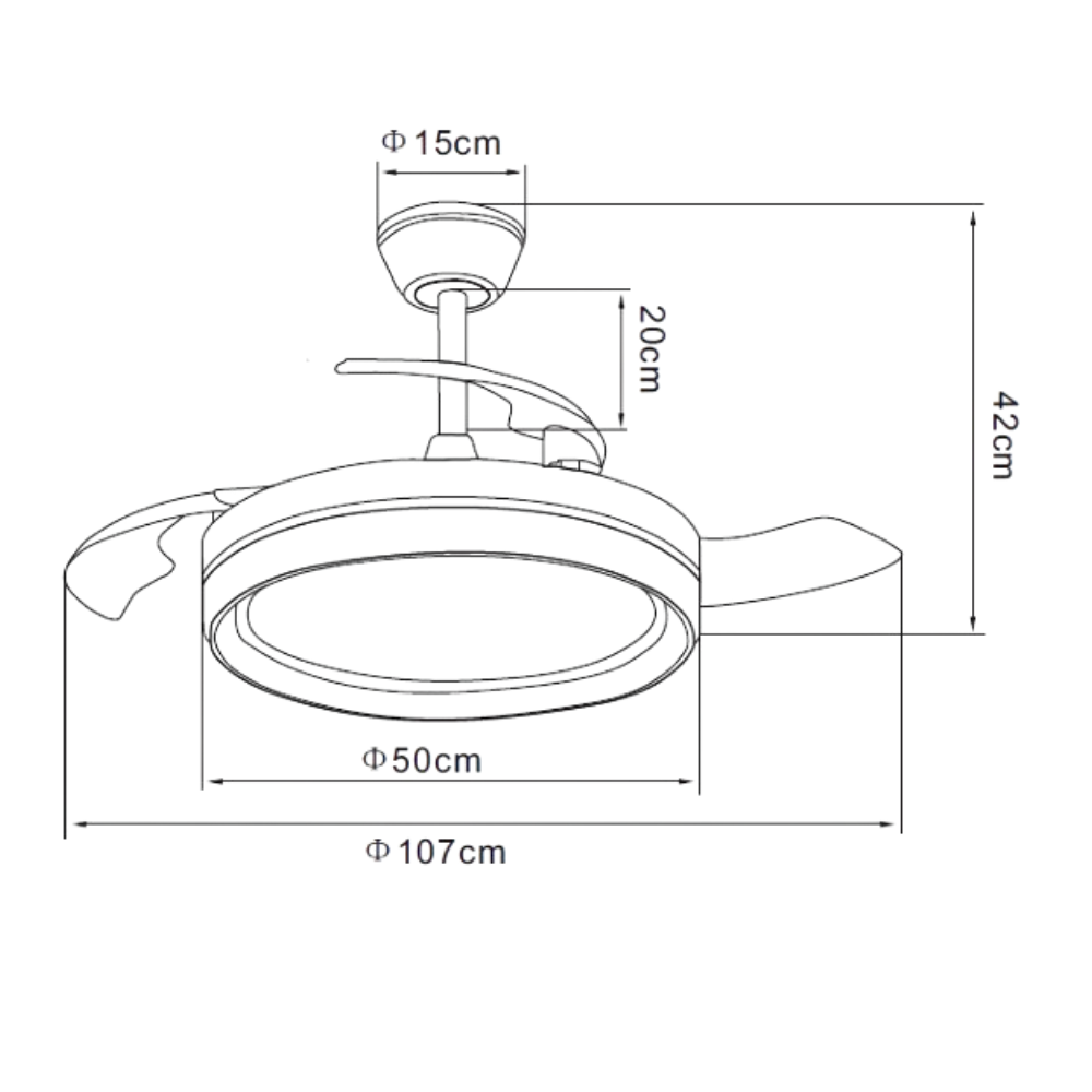 Dibujo lineal de un ventilador de techo con dimensiones: 15cm, 20cm, 42cm, 50cm, 107cm.