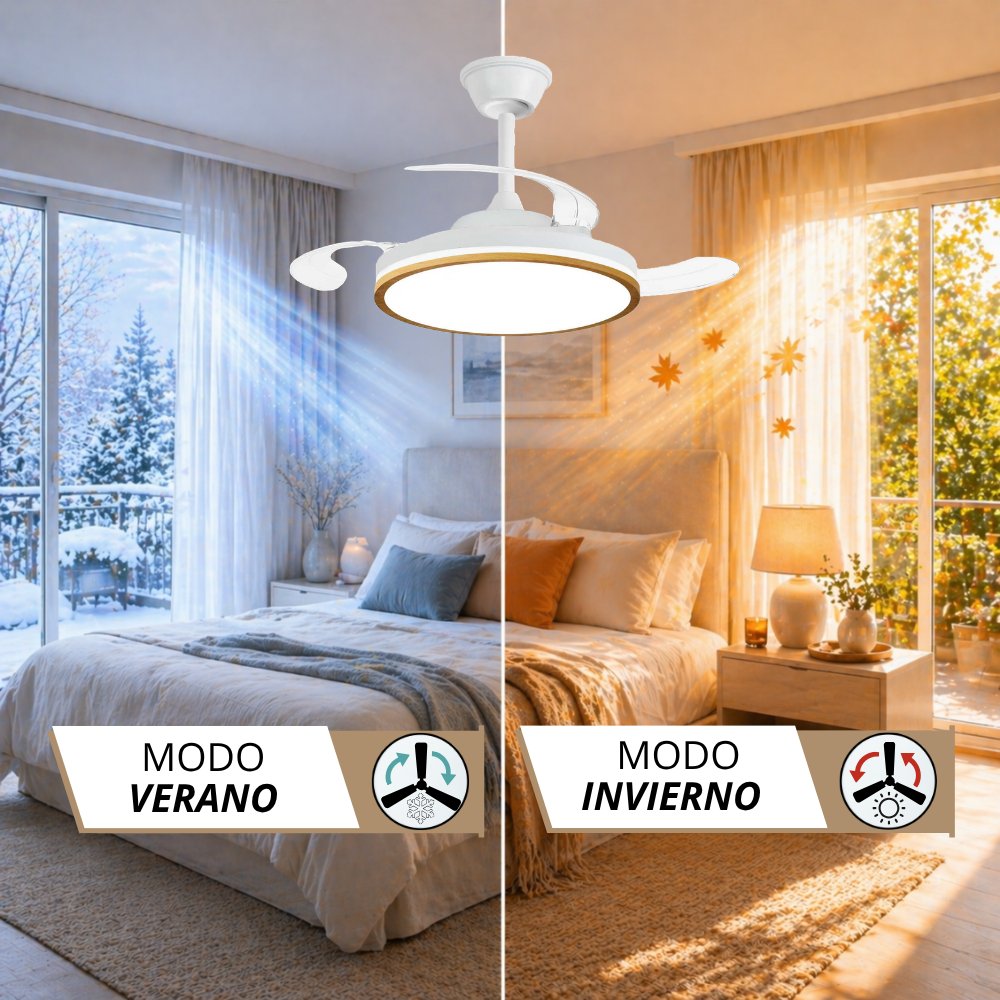 Un dormitorio con ventilador de techo, dividido para mostrar verano e invierno.