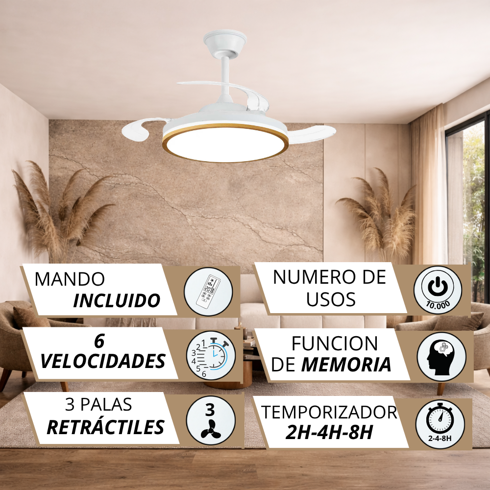 Ventilador de techo blanco con mando, 6 velocidades, 3 aspas retráctiles, 10.000 usos.