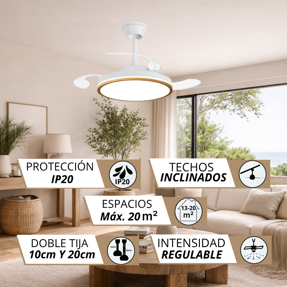 Ventilador de techo blanco con luz en salón, con textos sobre IP20, techos inclinados, 20m² e intensidad regulable.