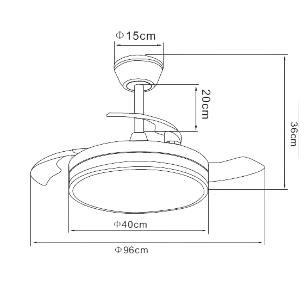 Diagrama de un ventilador de techo con dimensiones: 15cm, 20cm, 36cm, 40cm, 96cm.