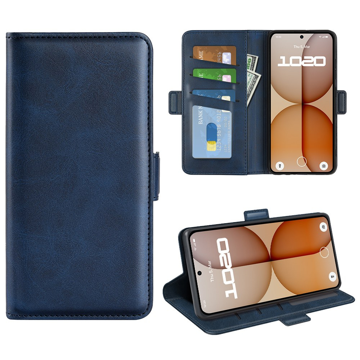 Donkerblauwe leren telefoonhoes met kaartsleuven en een telefoon met 1020-logo.