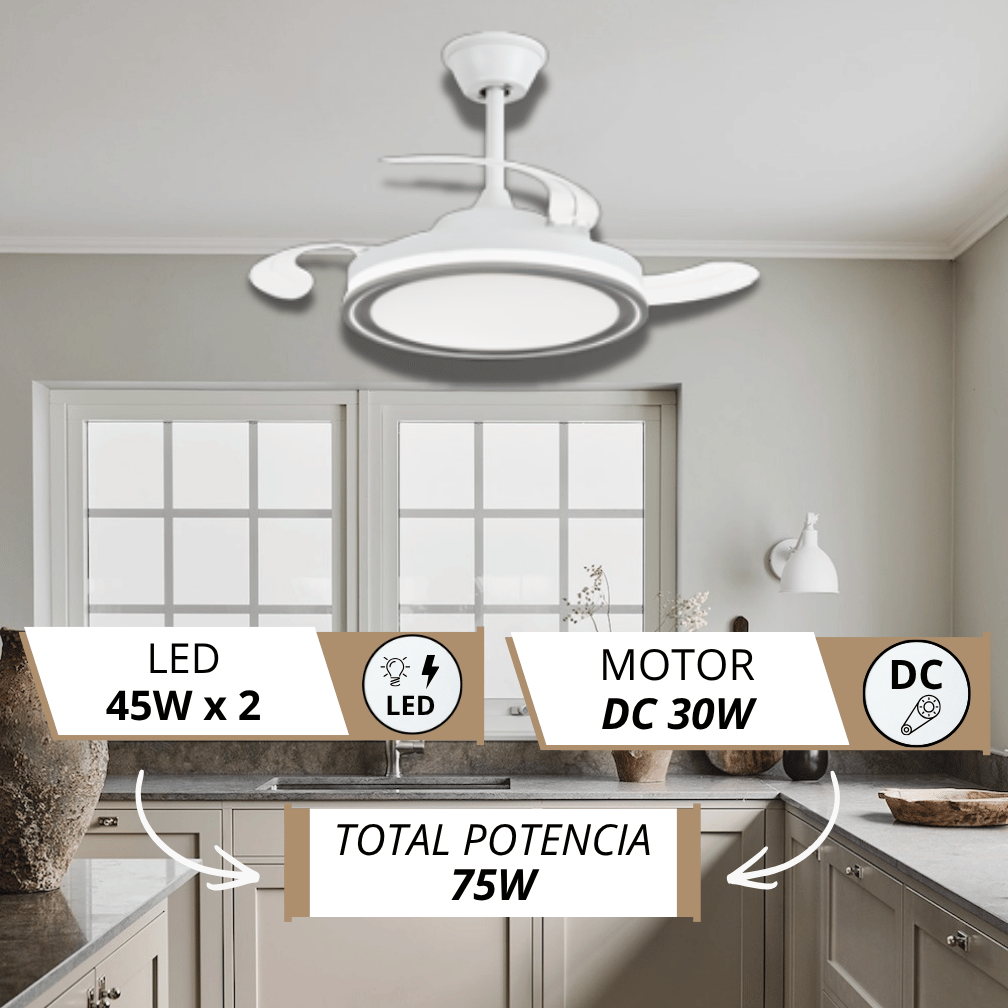 Un moderno ventilador de techo blanco con luz LED integrada en una cocina.