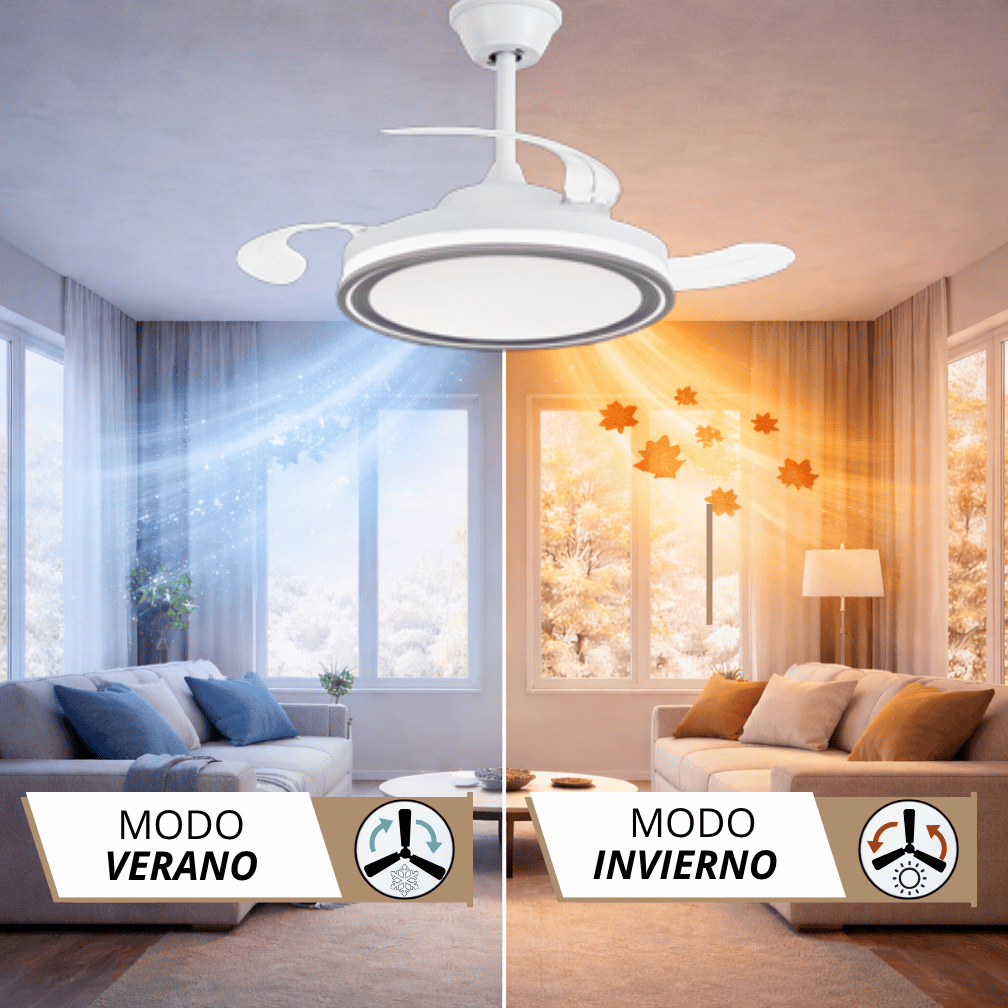 Ventilador de techo con luz, modo verano e invierno. Aire frío izquierda, aire cálido derecha.