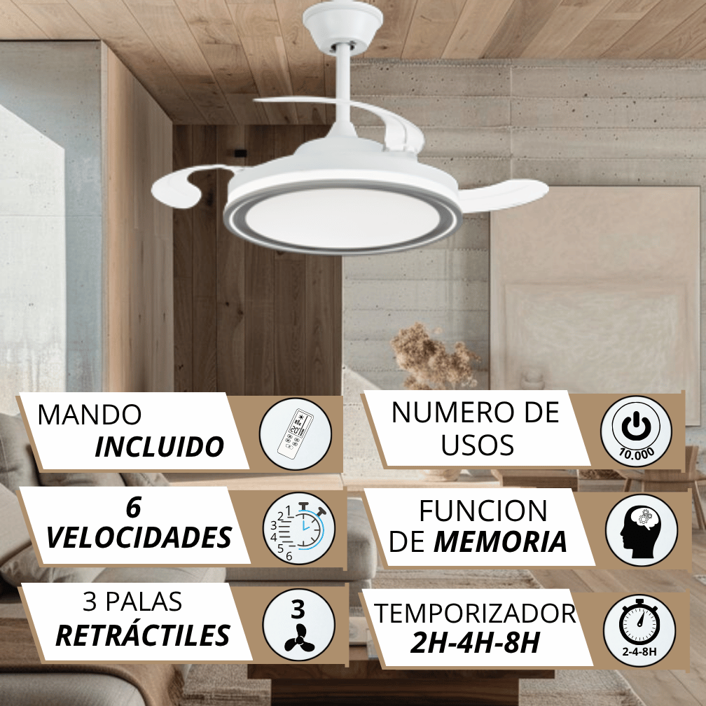 Ventilador de techo moderno con luz, mando, 6 velocidades, 3 aspas retráctiles, memoria.