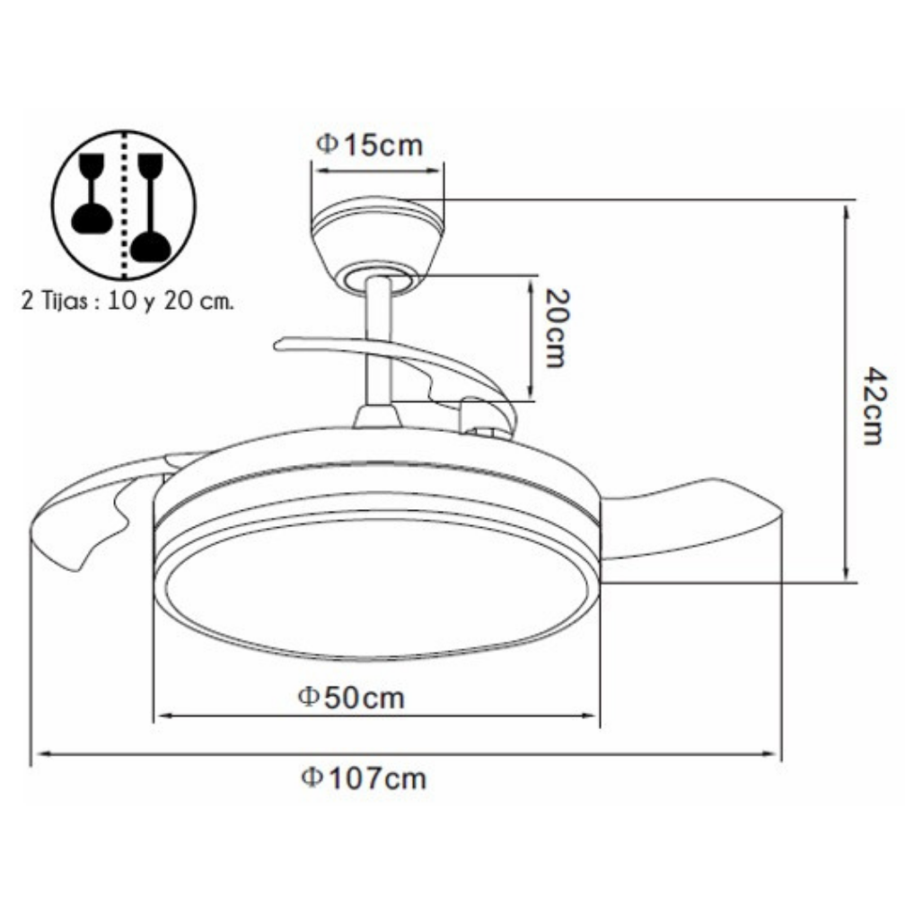Dibujo técnico de un ventilador de techo con dimensiones de diámetro y altura.