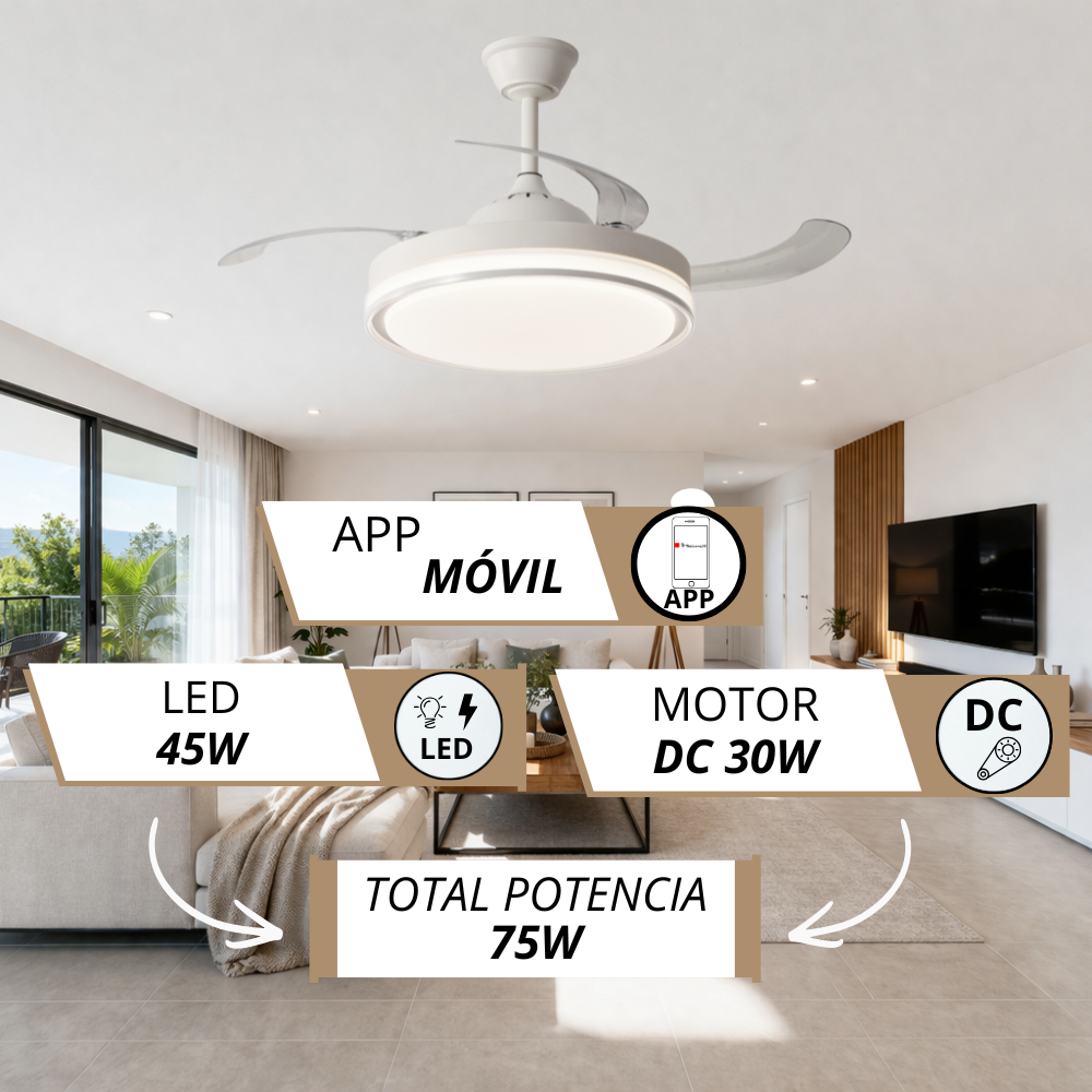 Ventilador de techo moderno con luz LED, control por app, LED 45W, motor DC 30W.