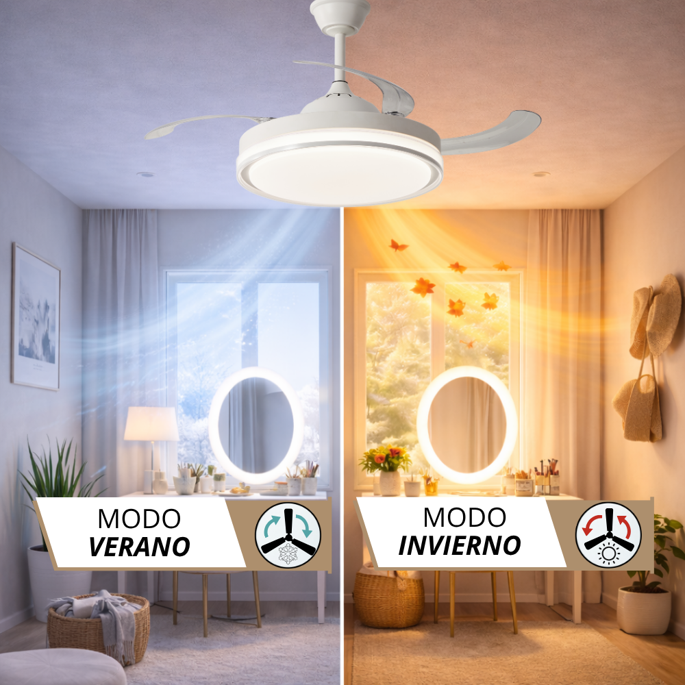 Ventilador de techo con luz muestra modos verano e invierno sobre ventana dividida.