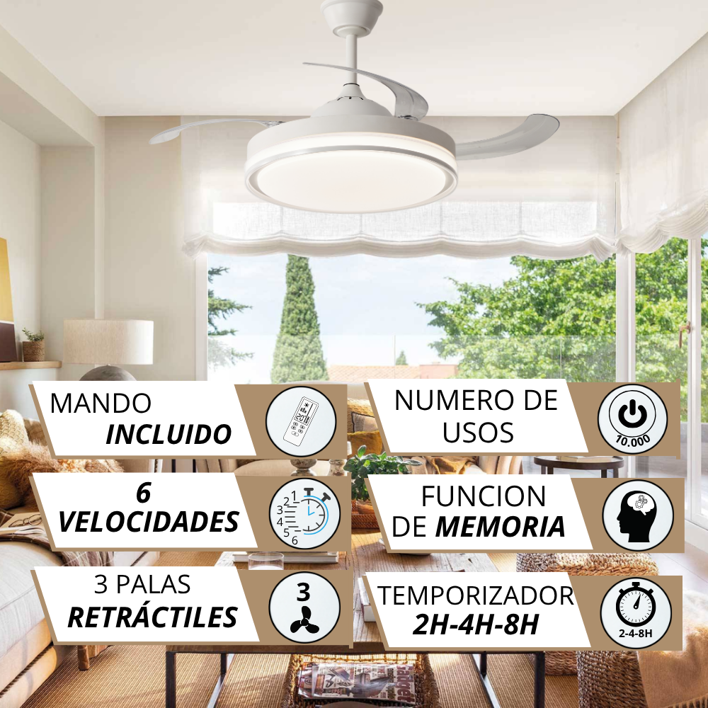 Un ventilador de techo blanco con luz y aspas retráctiles.