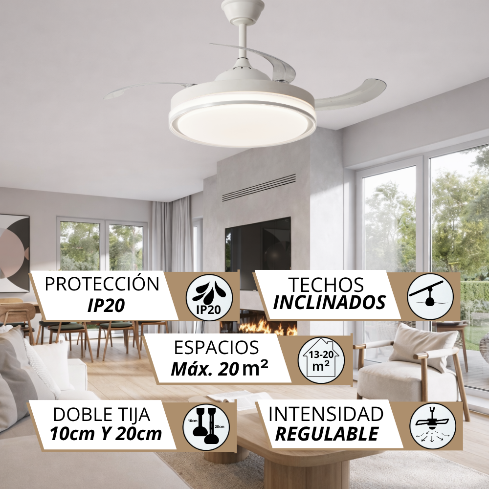 Ventilador de techo moderno con luz en una sala de estar elegante.
