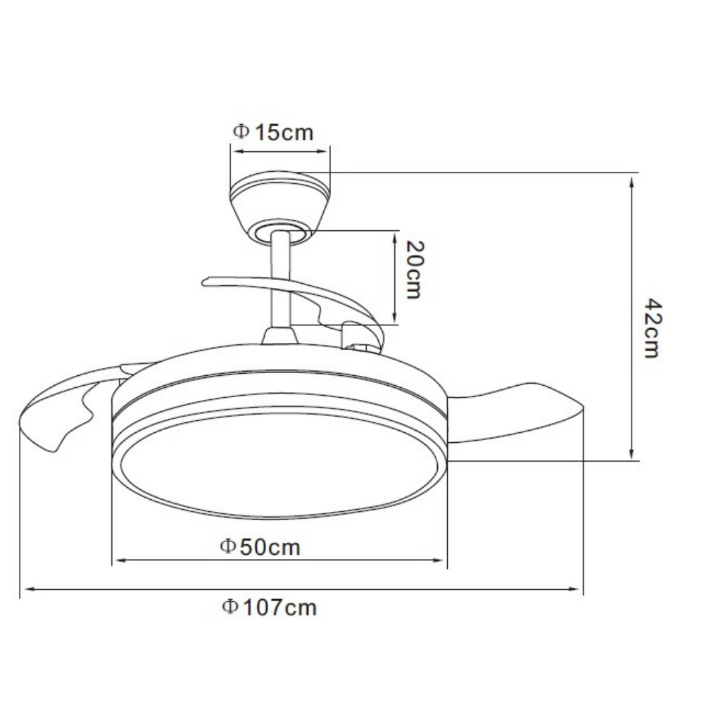 Dibujo técnico de un ventilador de techo con dimensiones: 15cm, 20cm, 42cm, 50cm, 107cm.