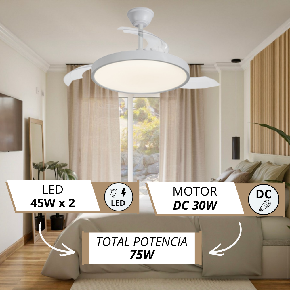 Ventilador de techo con luz en dormitorio: LED 45W x 2, motor DC 30W, potencia total 75W.