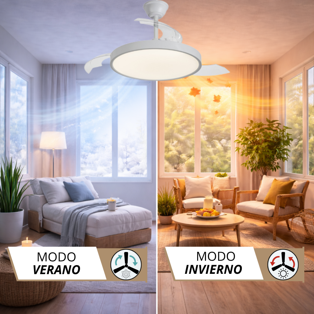 Ventilador de techo con luz en modo verano e invierno, muestra aire frío y cálido.