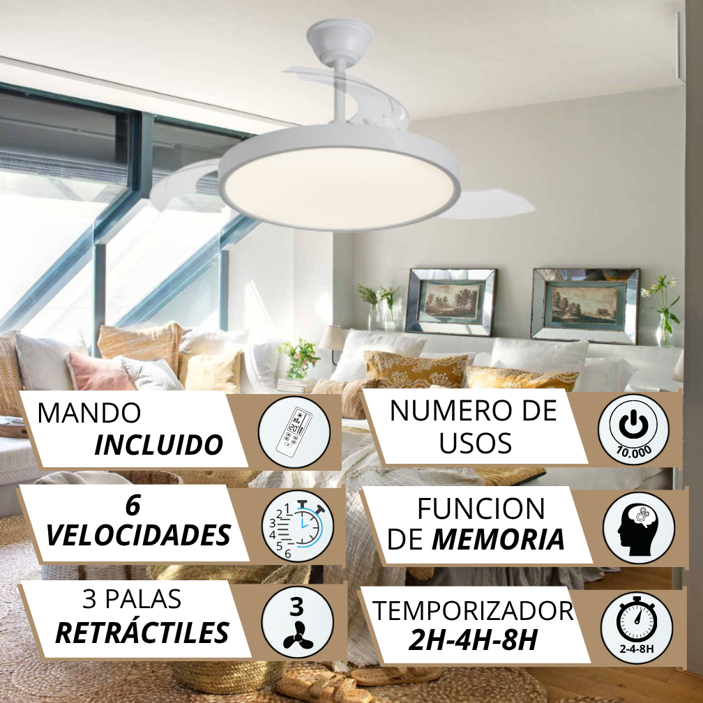Ventilador de techo moderno con luz, 6 velocidades, 3 aspas retráctiles, mando.