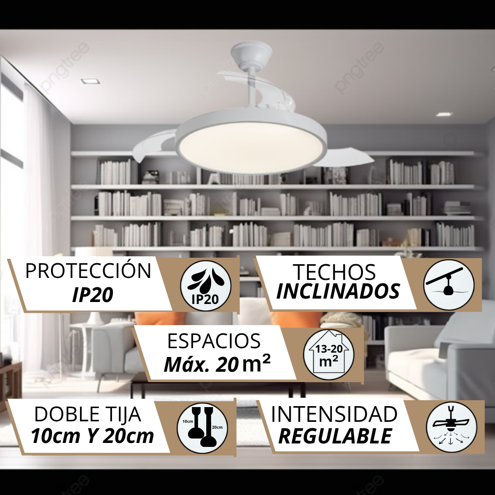 Ventilador de techo moderno con luz, IP20, para espacios hasta 20 m².