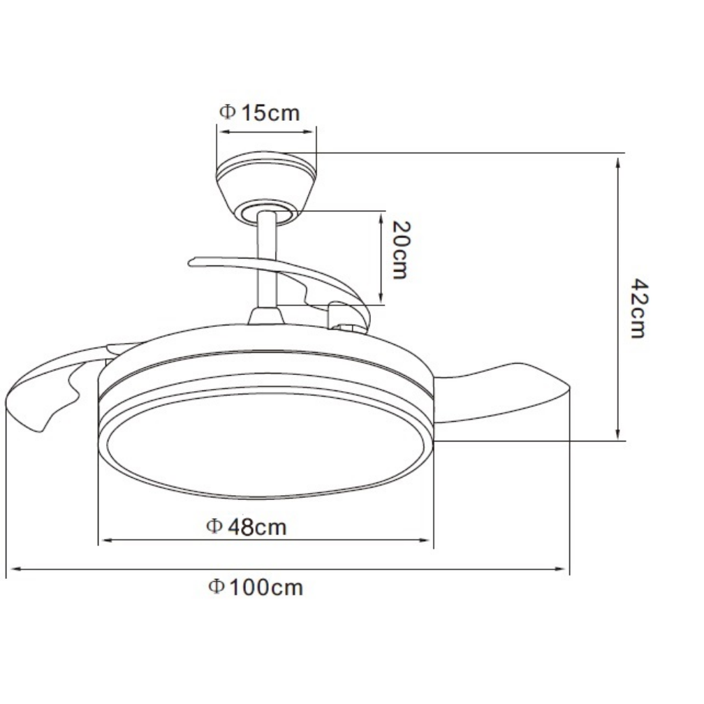 Dibujo lineal de un ventilador de techo con dimensiones. Diámetro ventilador 100cm, 48cm. Altura 42cm, 20cm.