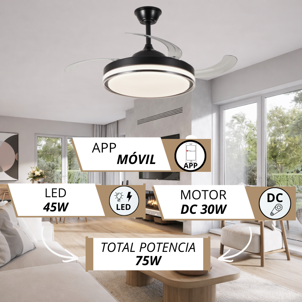 Ventilador de techo negro con luz, controlable por app. LED 45W, motor DC 30W.