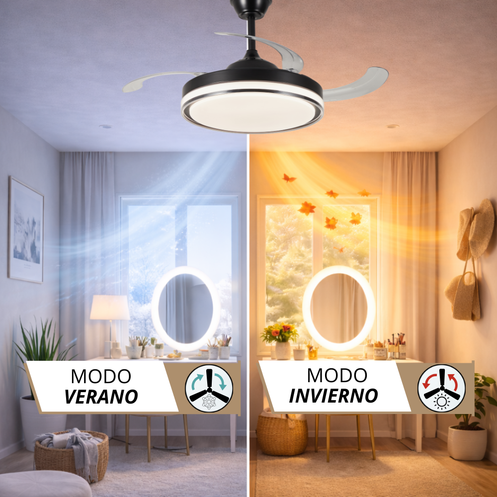 Ventilador de techo con luz: modo verano vs. invierno. Aire frío a la izquierda, cálido a la derecha.