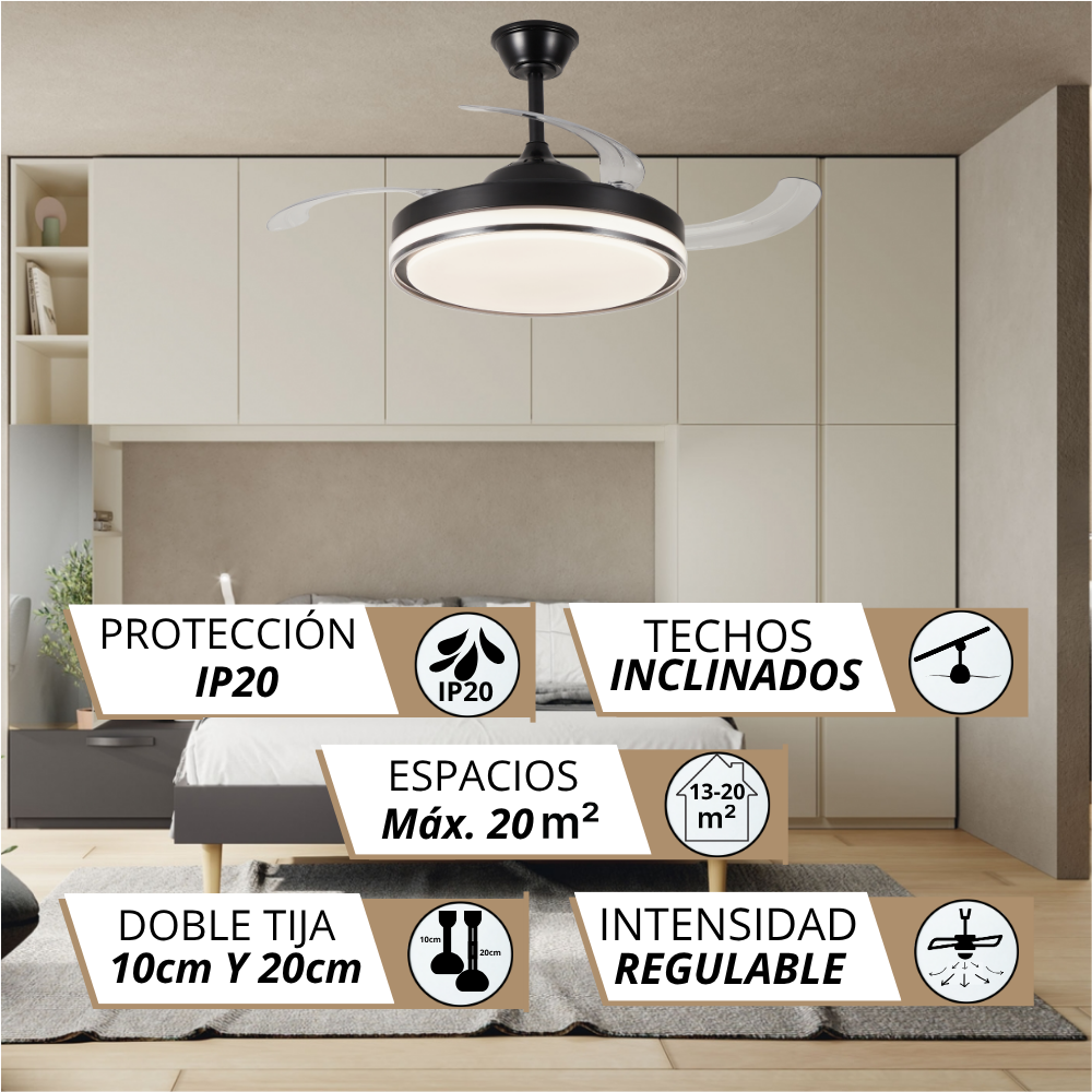 Ventilador de techo negro con luz LED integrada sobre una cama.