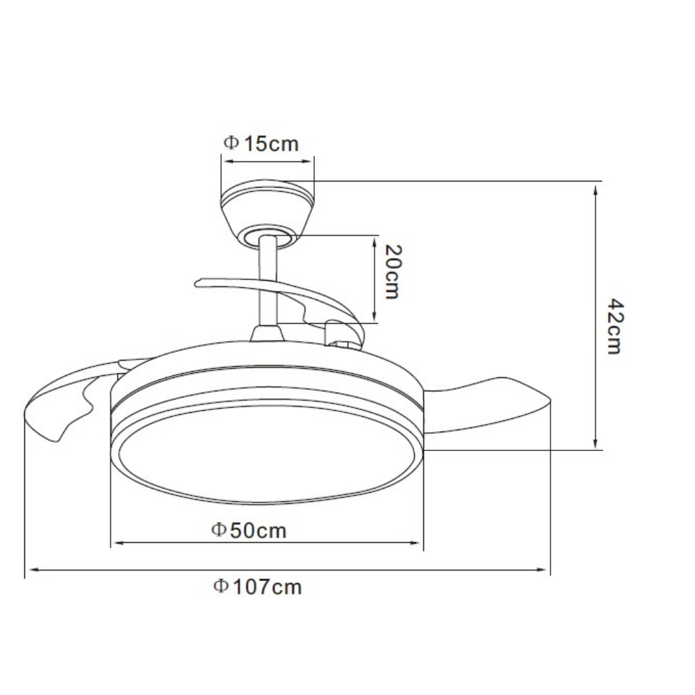 Dibujo técnico de un ventilador de techo con dimensiones. Diámetro 107cm.