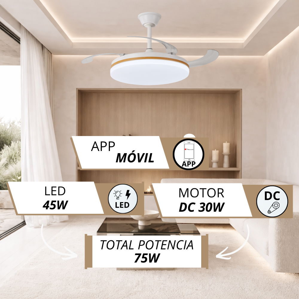 Ventilador de techo blanco moderno con luz, controlado por app. LED 45W, motor DC 30W.