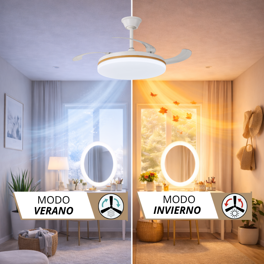 Ventilador de techo con luz en modo verano e invierno, mostrando flujo de aire y hojas.