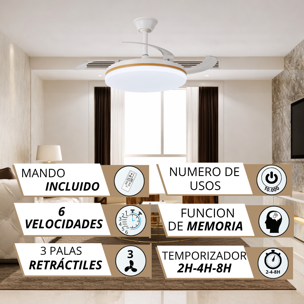 Ventilador de techo con luz y mando, 6 velocidades, 3 aspas retráctiles. Incluye temporizador.