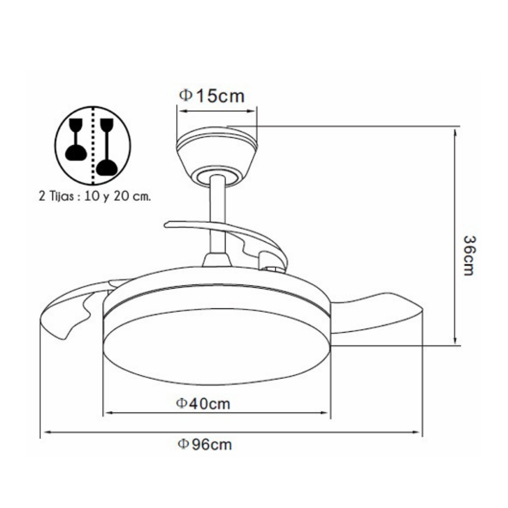 Dibujo técnico de un ventilador de techo con medidas: 15cm, 36cm, 40cm y 96cm.